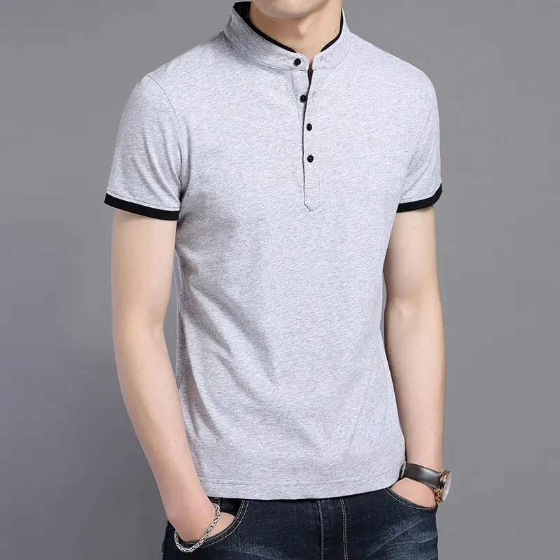 Men White Mercerized Cotton Polo Shirt Short Sleeve Stand Collar - Image 2