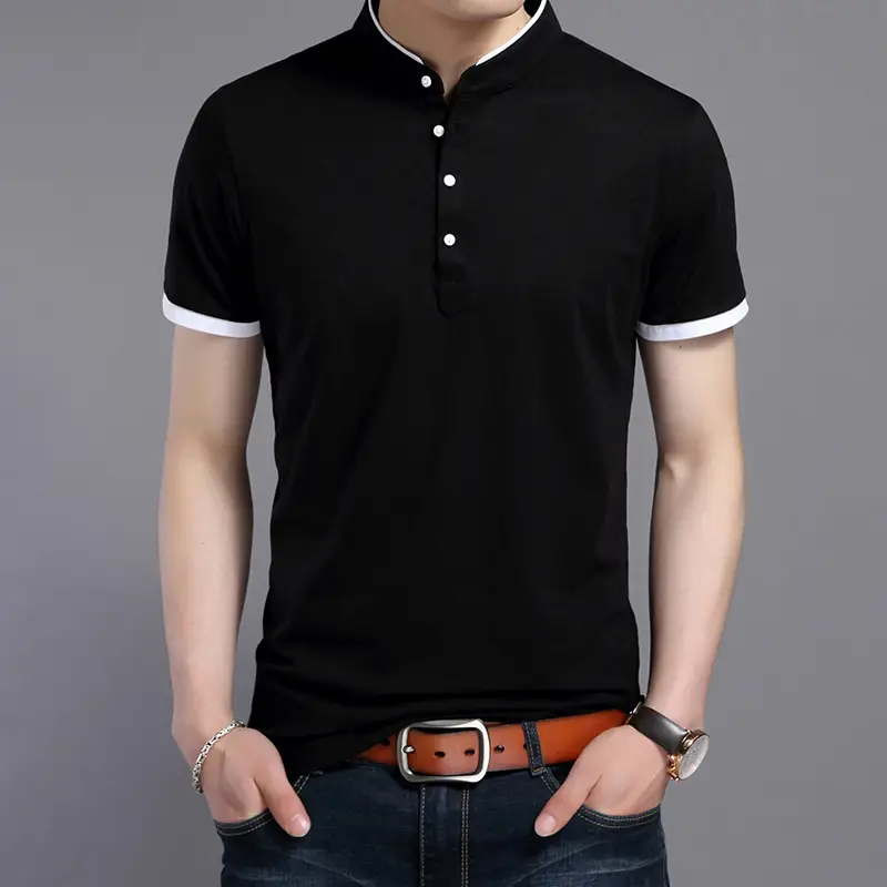 Men White Mercerized Cotton Polo Shirt Short Sleeve Stand Collar - Image 6