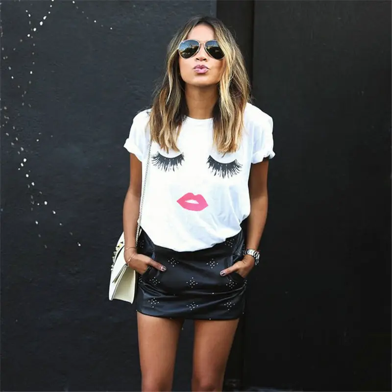 Women Printed T-Shirt Black Eyelashes Lips Short Sleeve - Image 3