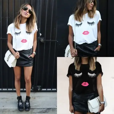 Women Printed T-Shirt Black Eyelashes Lips Short Sleeve - Image 4
