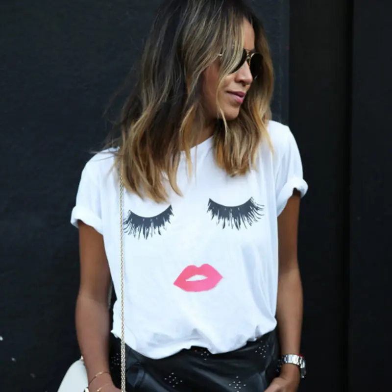 Women Printed T-Shirt Black Eyelashes Lips Short Sleeve - Image 5