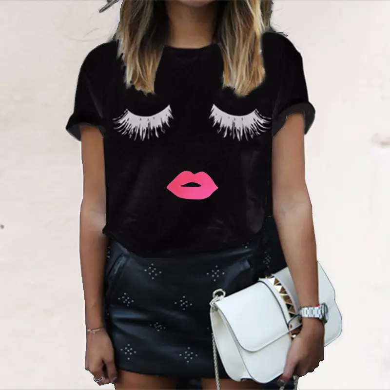 Women Printed T-Shirt Black Eyelashes Lips Short Sleeve — feature 6