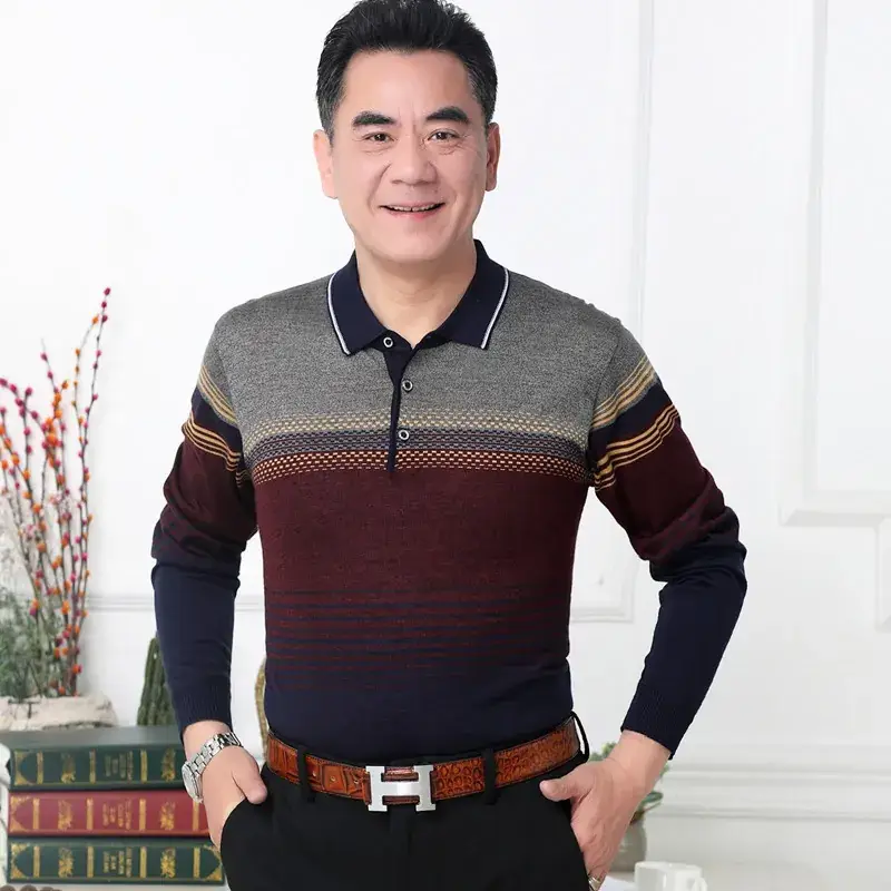 Men's Knitted T-Shirt Middle-aged Solid Color Long Sleeve