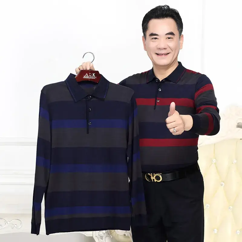 Men's Knitted T-Shirt Middle-aged Solid Color Long Sleeve