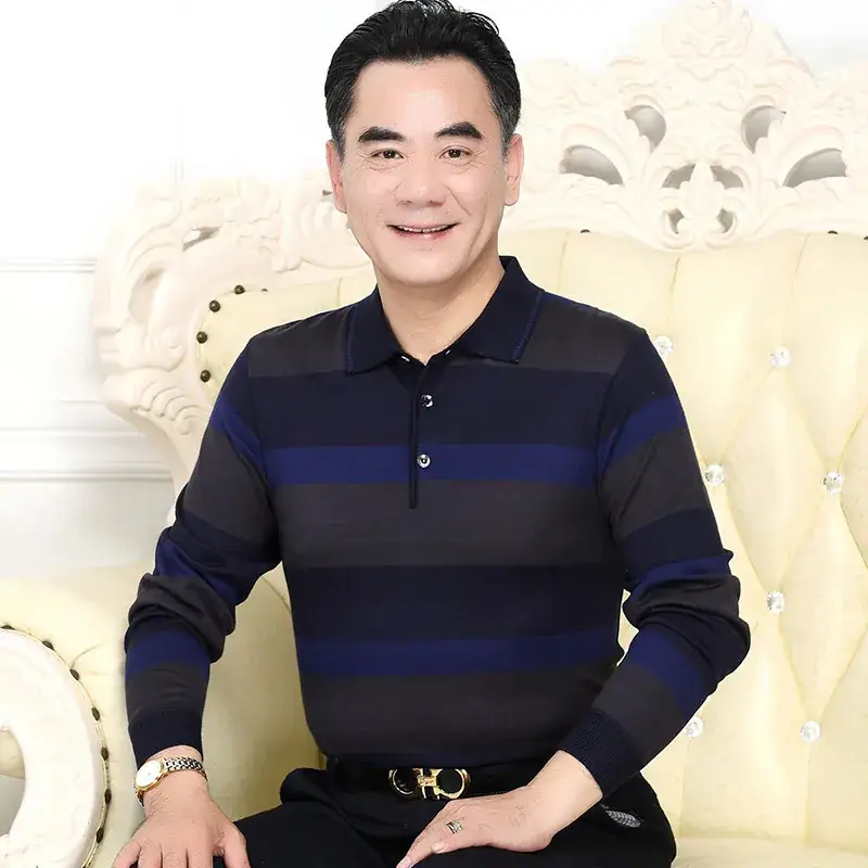 Men's Knitted T-Shirt Middle-aged Solid Color Long Sleeve