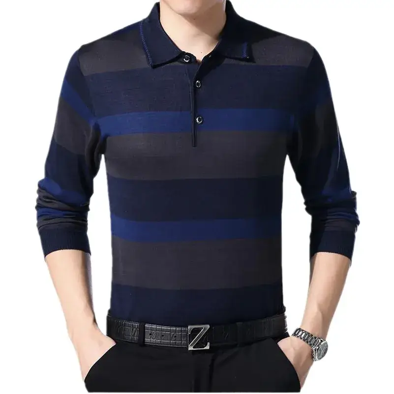 Men's Knitted T-Shirt Middle-aged Solid Color Long Sleeve