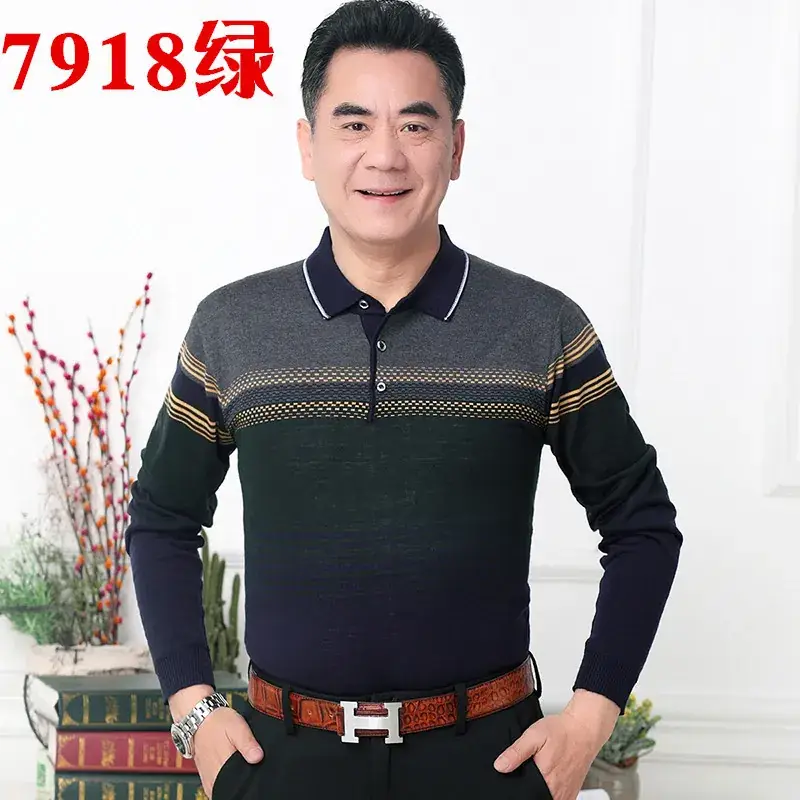 Men's Knitted T-Shirt Middle-aged Solid Color Long Sleeve