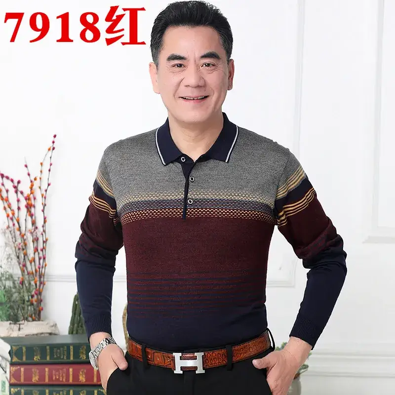 Men's Knitted T-Shirt Middle-aged Solid Color Long Sleeve