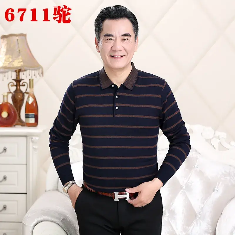 Men's Knitted T-Shirt Middle-aged Solid Color Long Sleeve