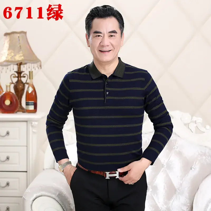Men's Knitted T-Shirt Middle-aged Solid Color Long Sleeve