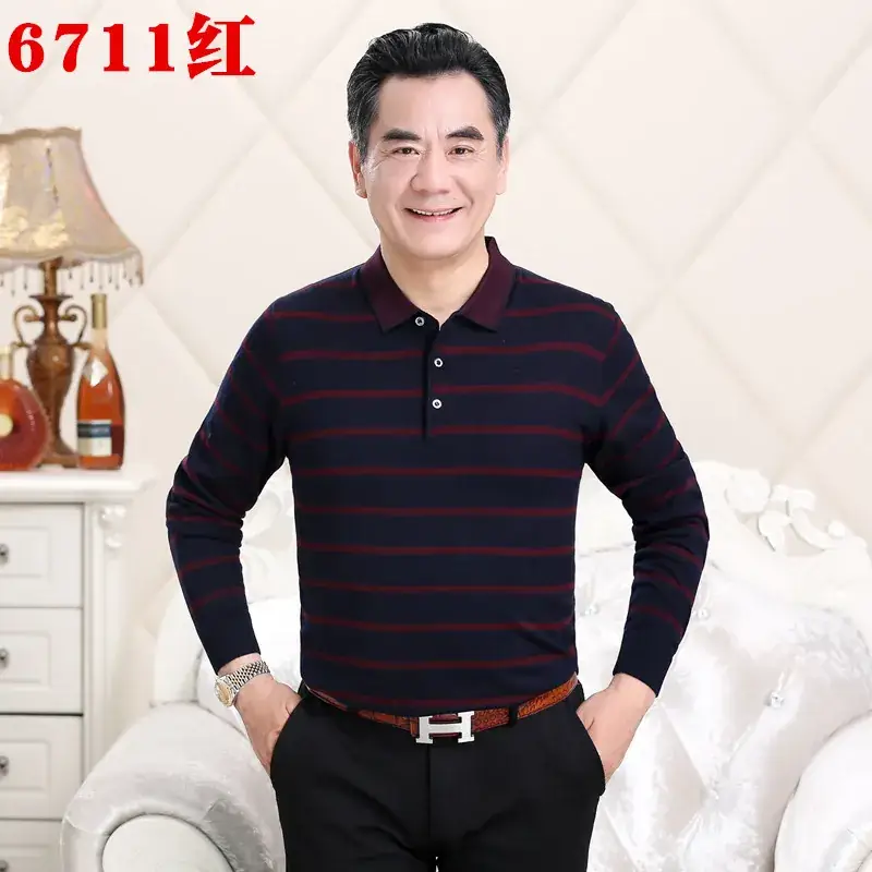 Men's Knitted T-Shirt Middle-aged Solid Color Long Sleeve