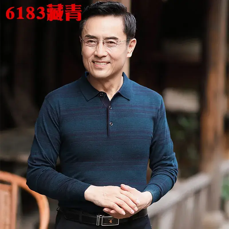 Men's Knitted T-Shirt Middle-aged Solid Color Long Sleeve