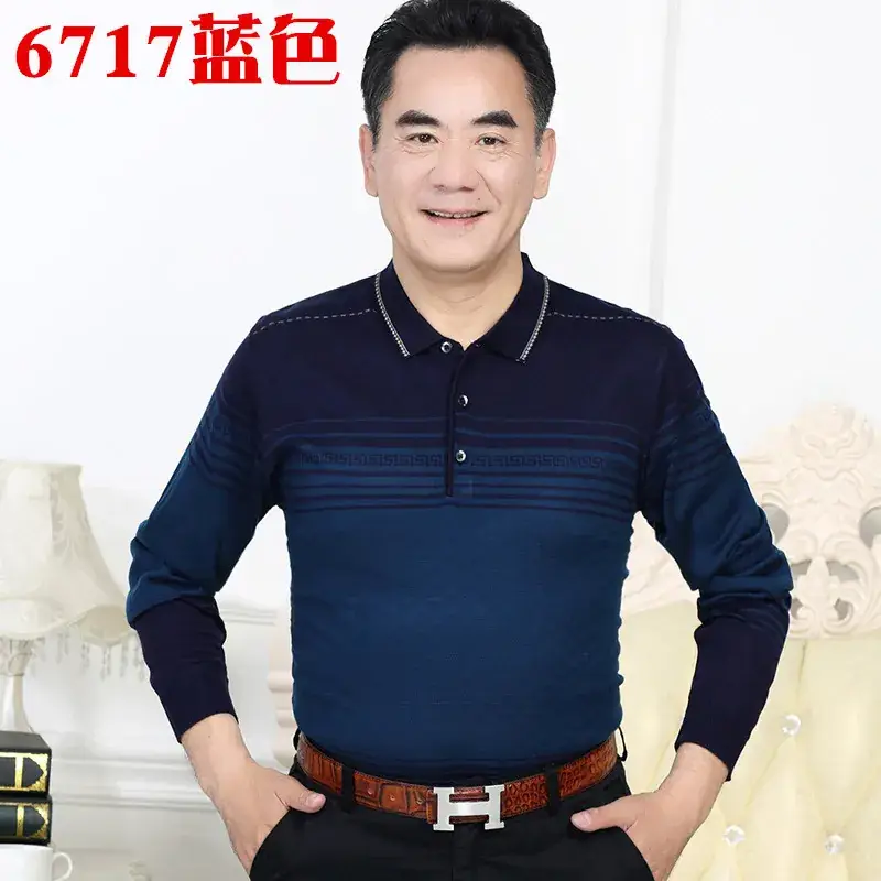Men's Knitted T-Shirt Middle-aged Solid Color Long Sleeve