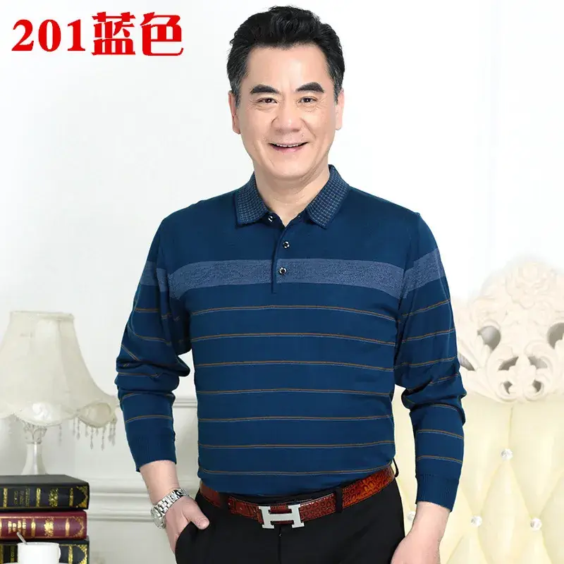 Men's Knitted T-Shirt Middle-aged Solid Color Long Sleeve