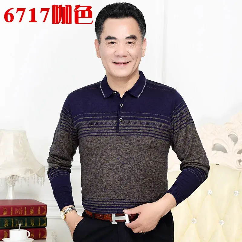 Men's Knitted T-Shirt Middle-aged Solid Color Long Sleeve