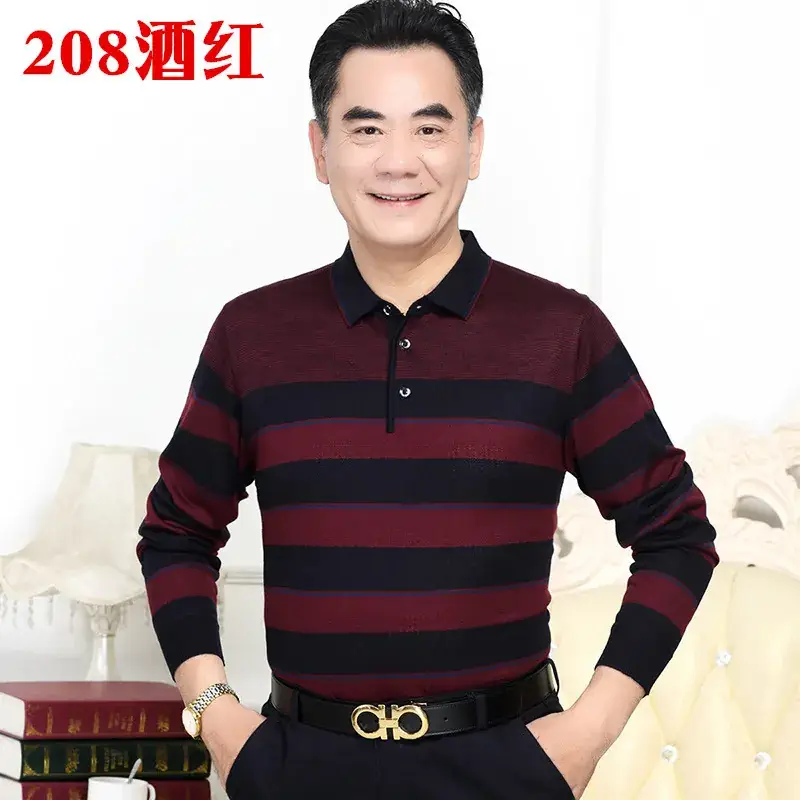 Men's Knitted T-Shirt Middle-aged Solid Color Long Sleeve