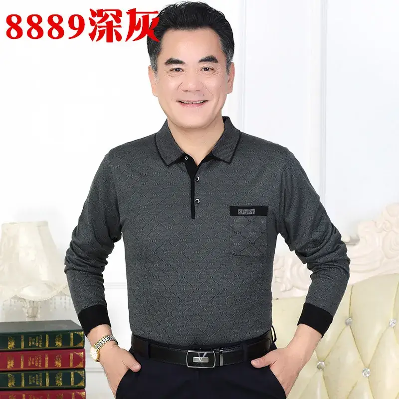 Men's Knitted T-Shirt Middle-aged Solid Color Long Sleeve