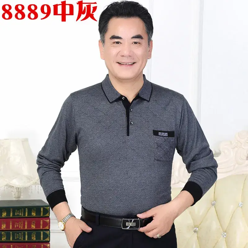Men's Knitted T-Shirt Middle-aged Solid Color Long Sleeve