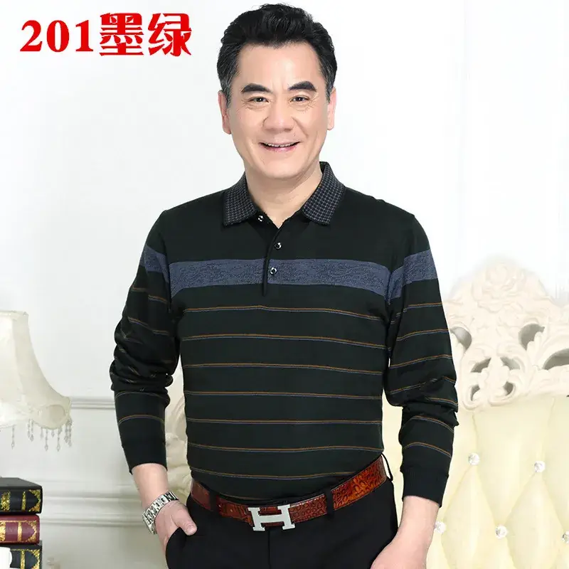 Men's Knitted T-Shirt Middle-aged Solid Color Long Sleeve