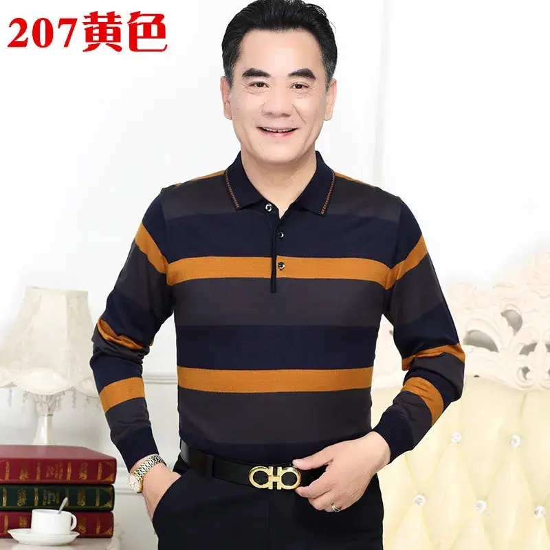 Men's Knitted T-Shirt Middle-aged Solid Color Long Sleeve