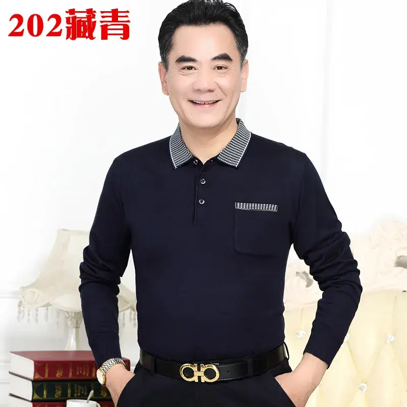 Men's Knitted T-Shirt Middle-aged Solid Color Long Sleeve