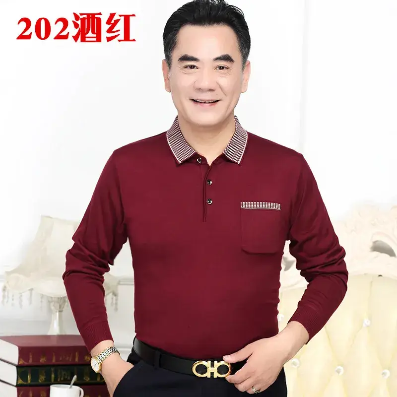 Men's Knitted T-Shirt Middle-aged Solid Color Long Sleeve