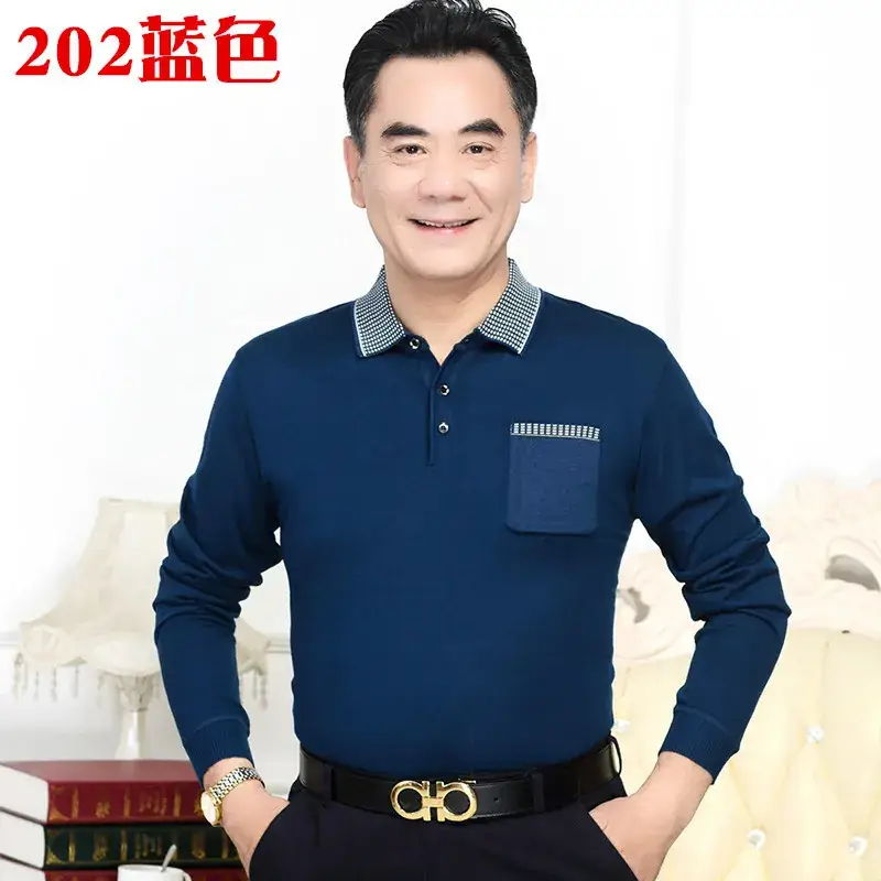 Men's Knitted T-Shirt Middle-aged Solid Color Long Sleeve