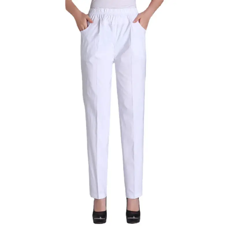 White Elastic Waist Mother Pants for Women Summer