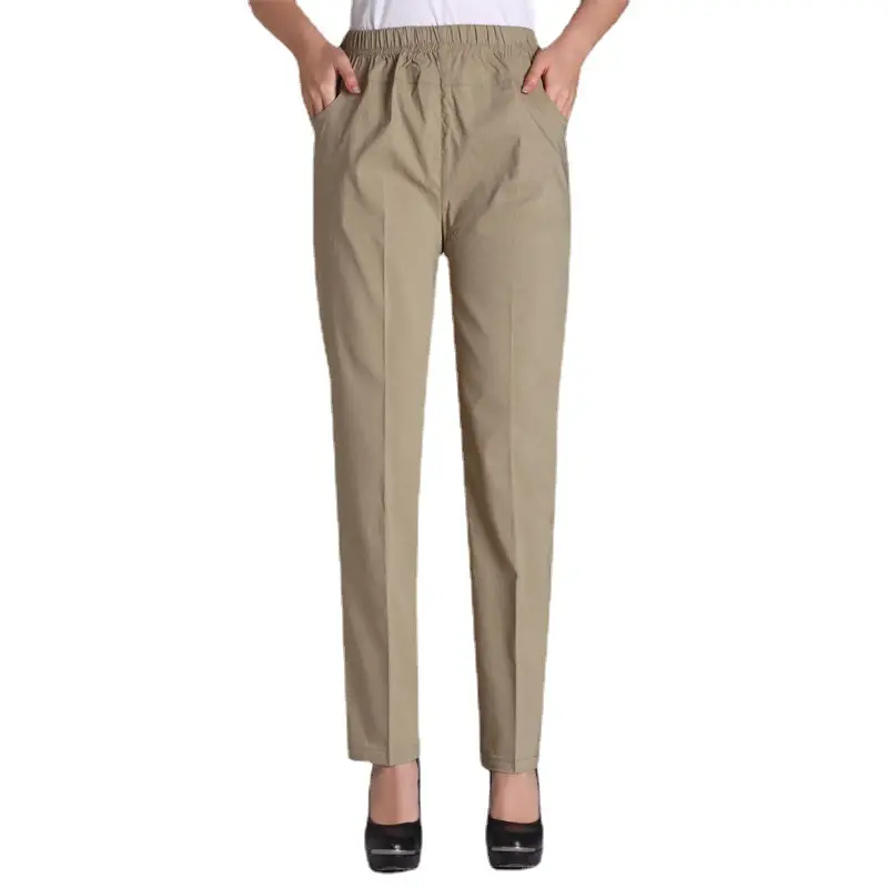 White Elastic Waist Mother Pants for Women Summer