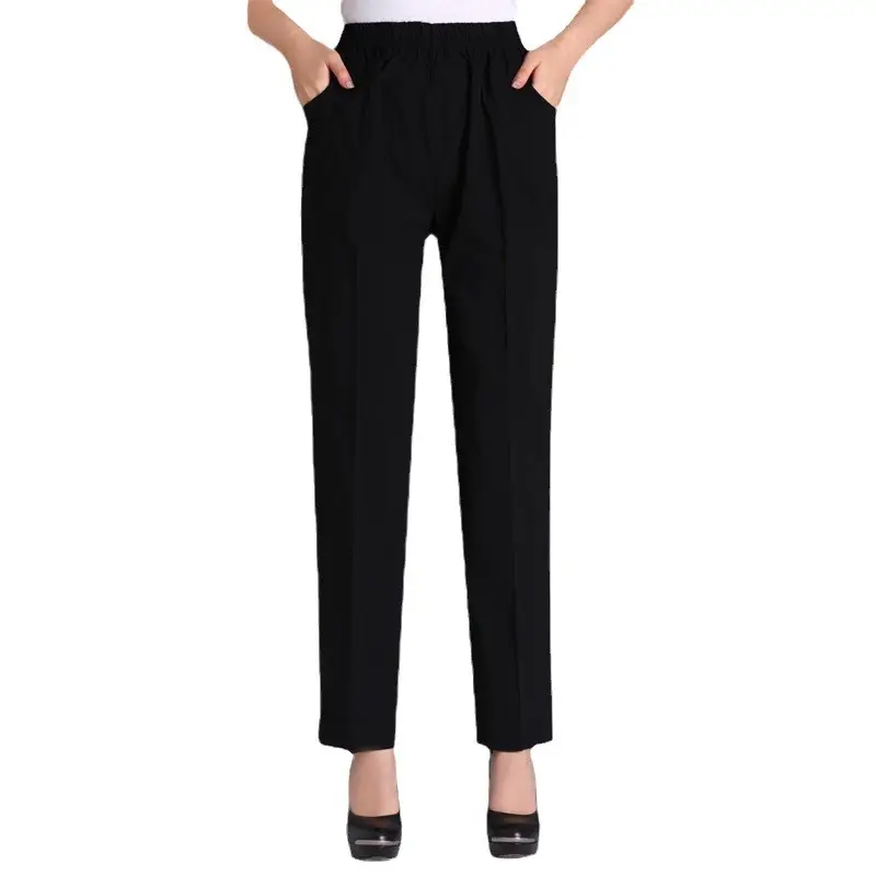 White Elastic Waist Mother Pants for Women Summer