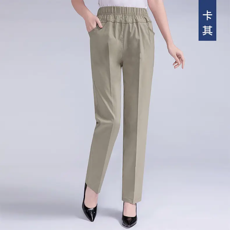 White Elastic Waist Mother Pants for Women Summer