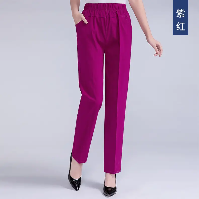 White Elastic Waist Mother Pants for Women Summer