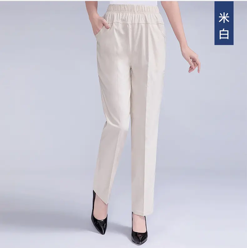 White Elastic Waist Mother Pants for Women Summer