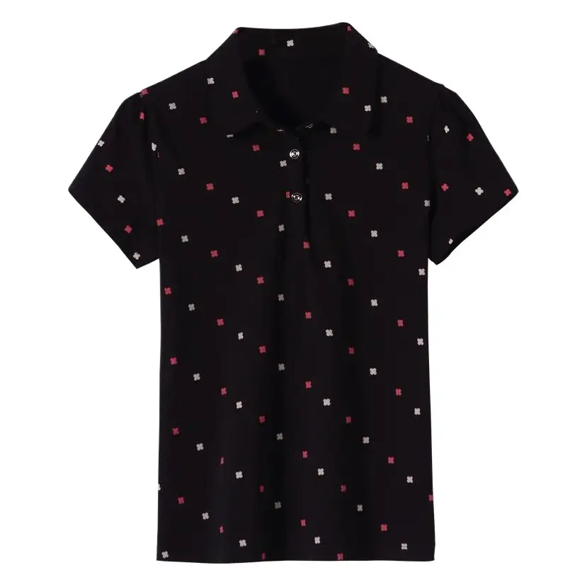 Women Short Sleeve Printed Polo T-Shirt Grey Red Black