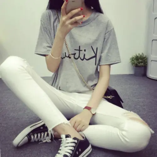 Women Printed T-Shirt Short Sleeve Loose Fit White White Pants - Image 5
