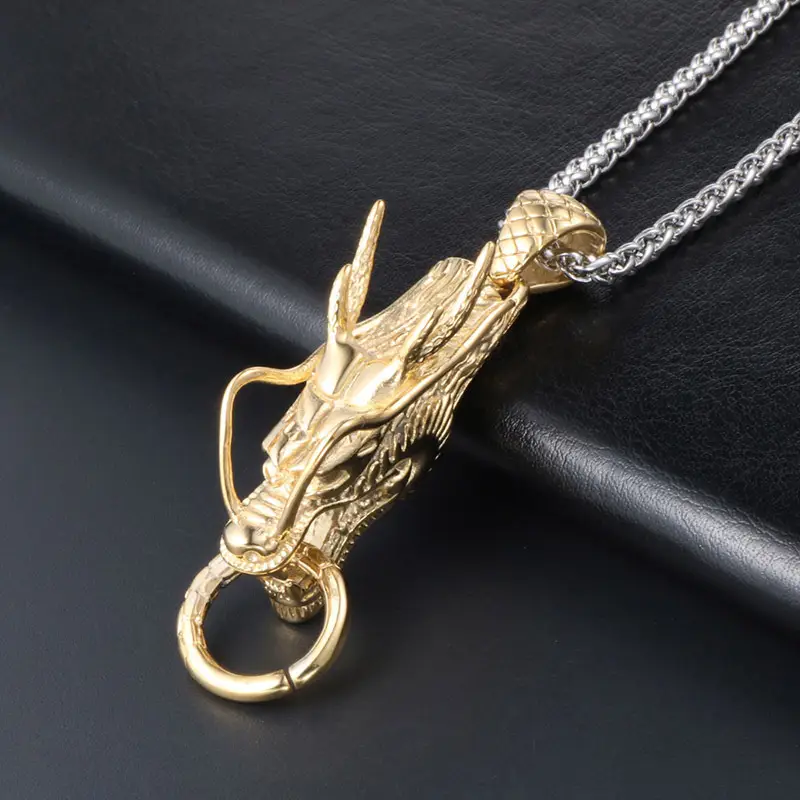 Golden Dragon Pendant Necklace for Men with Silver Finish - Image 2