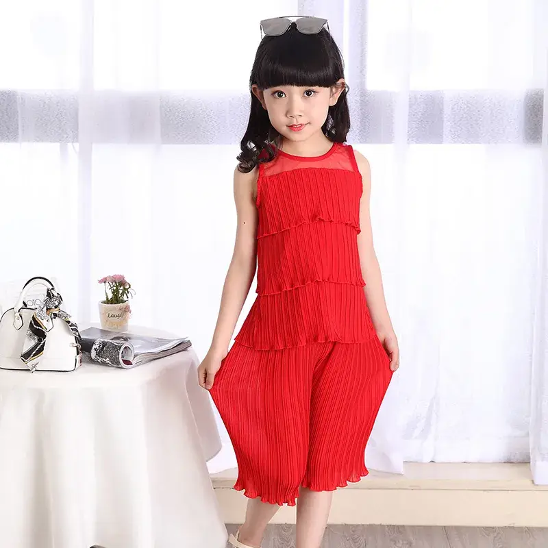 Girls Red Chiffon Two-Piece Set with Crop Pants - Image 5