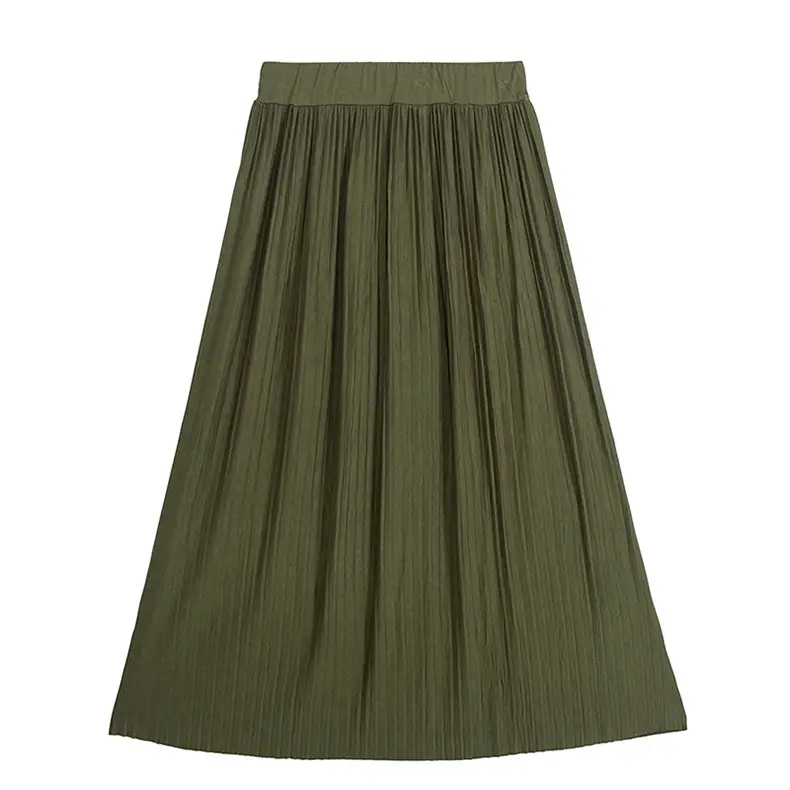 Women's Pleated Skirt Olive Green Large Hem