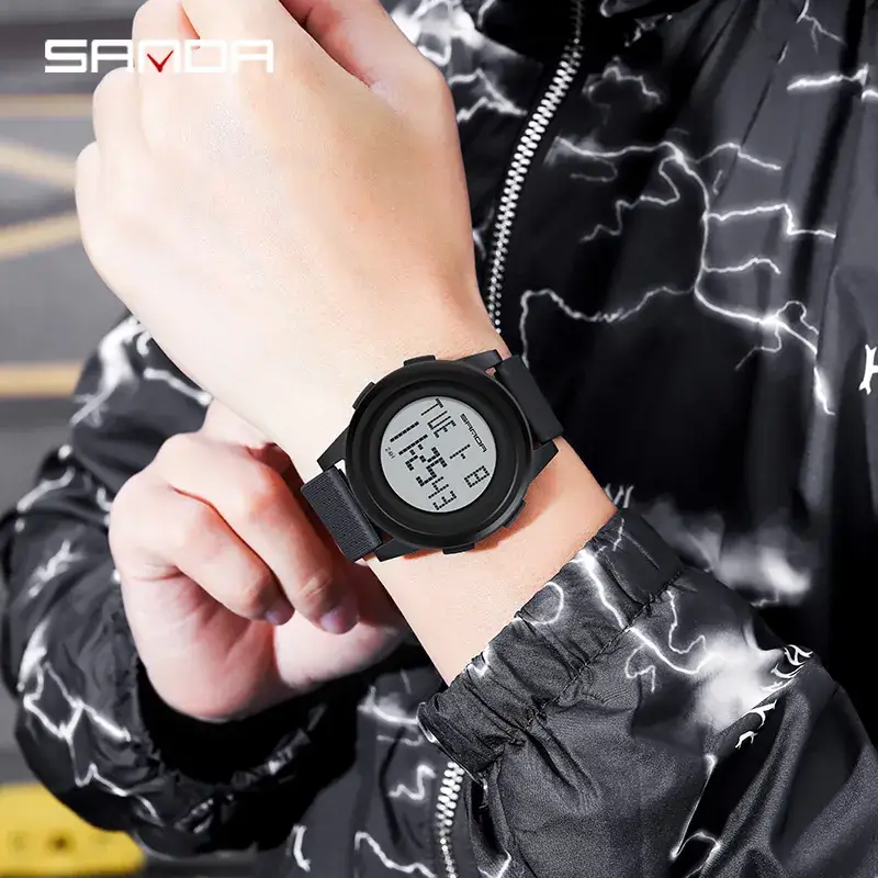 Sanda Digital Watch Black Mesh Band Waterproof Sports Wear