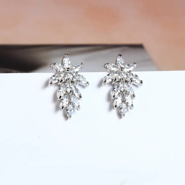 Korean Leaf Style Zircon Earrings S925 Silver