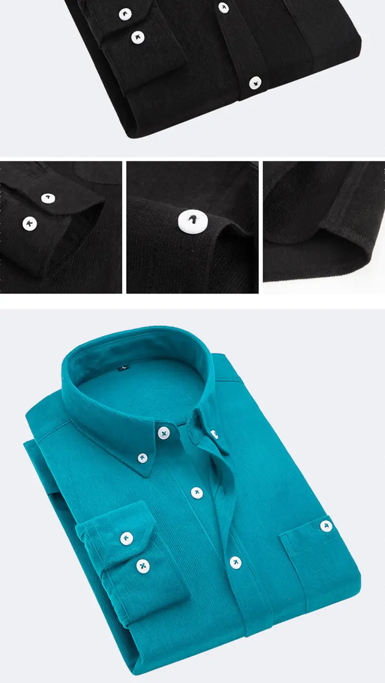 Men's Teal Corduroy Long Sleeve Shirt Slim Fit — feature 11
