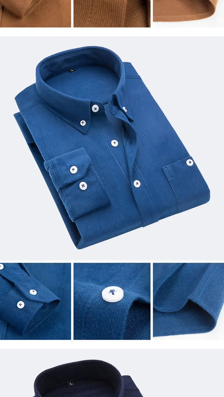 Men's Teal Corduroy Long Sleeve Shirt Slim Fit — feature 9