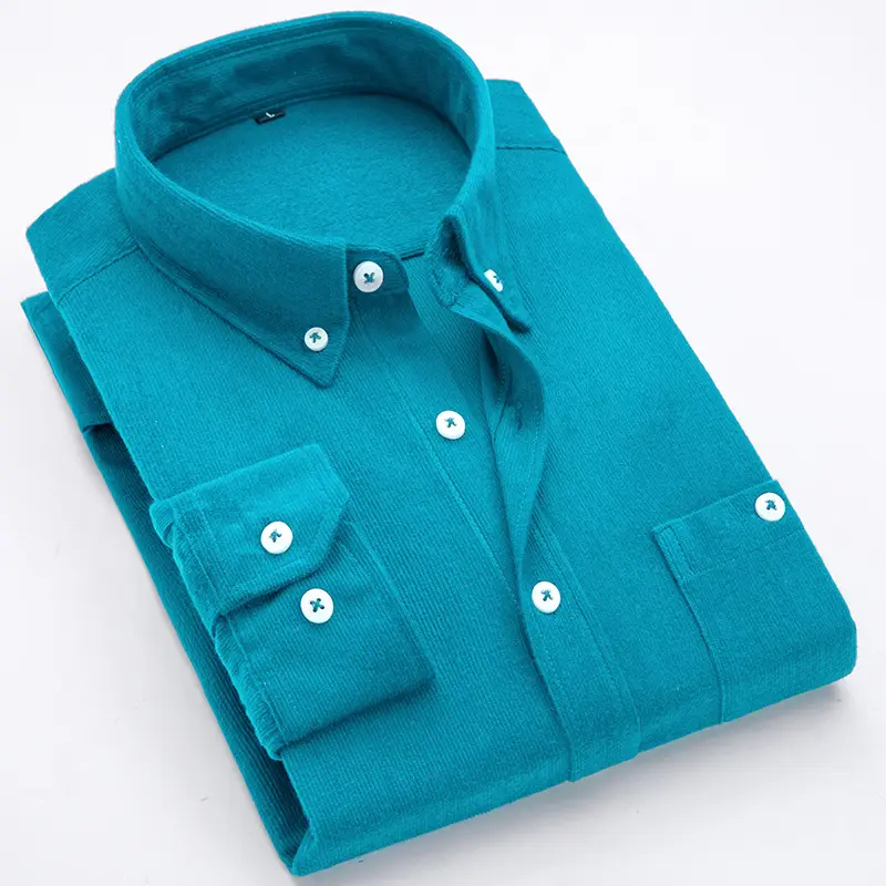 Men's Teal Corduroy Long Sleeve Shirt Slim Fit - Image 5
