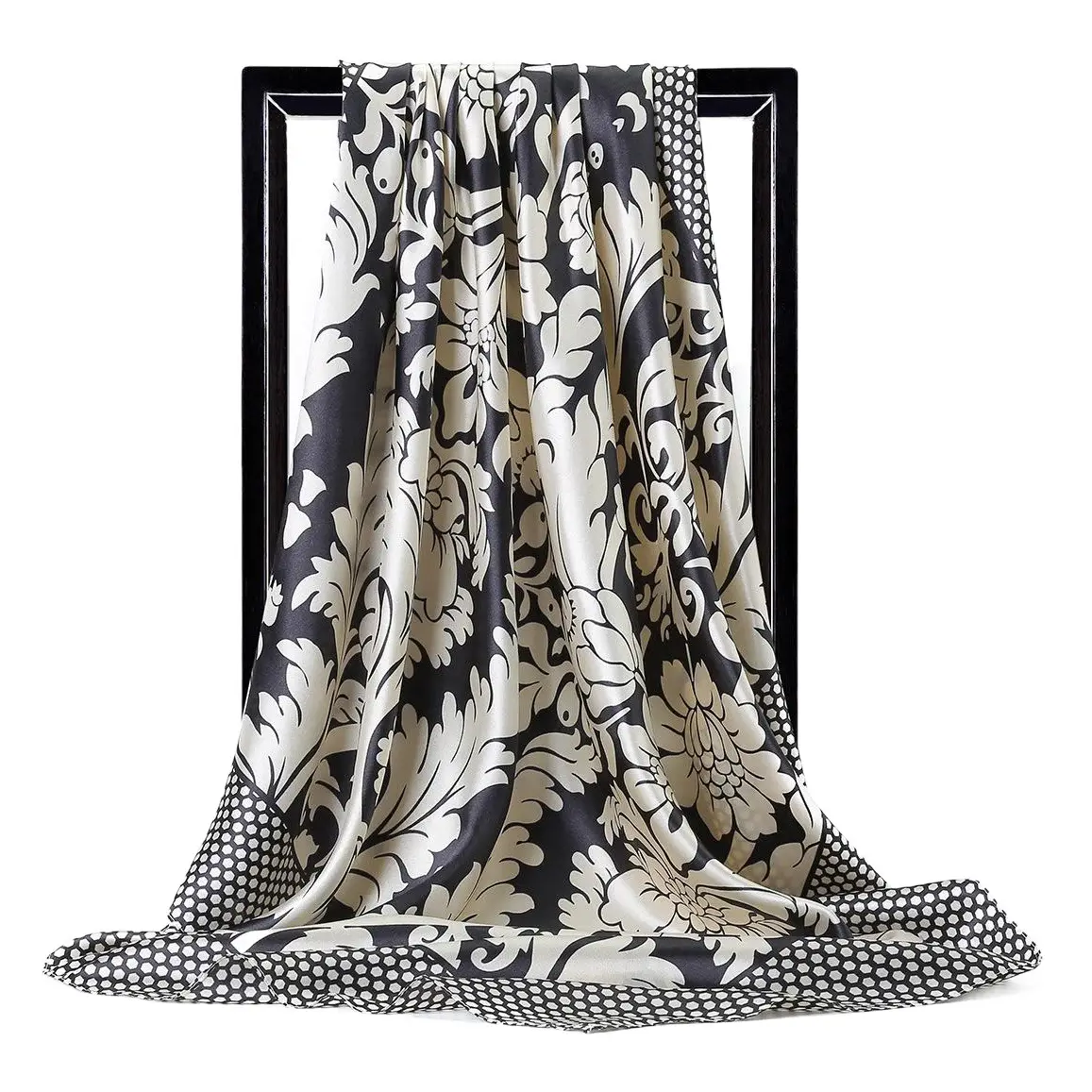 Gaohe Retro Black White Floral Scarf 90cm Silk