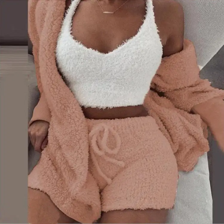 Women's Blue Plush 3-Piece Winter Pajamas Set