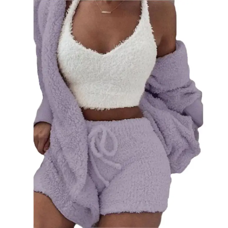 Women's Blue Plush 3-Piece Winter Pajamas Set