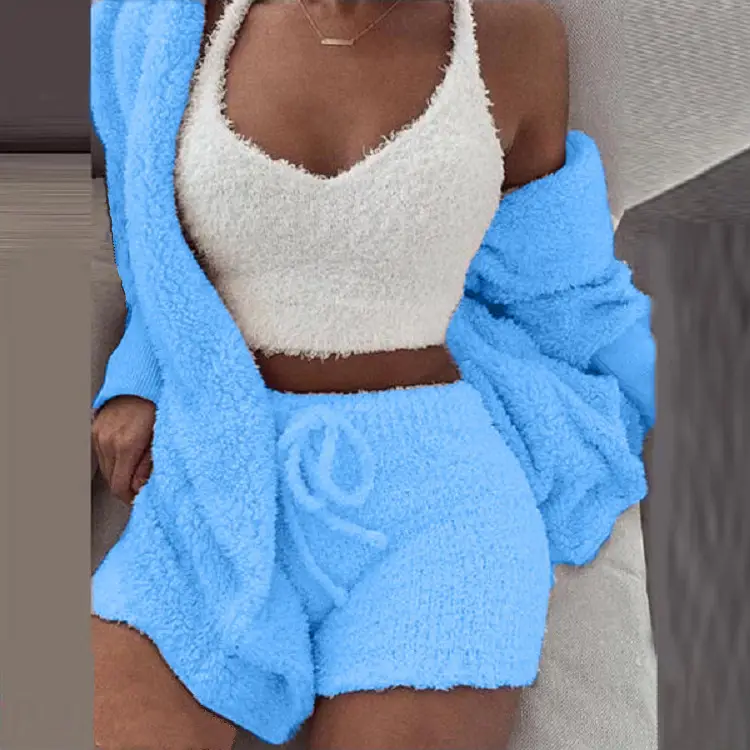 Women's Blue Plush 3-Piece Winter Pajamas Set