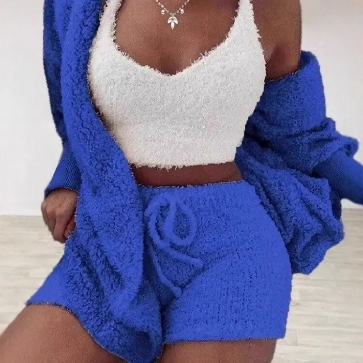 Women's Blue Plush 3-Piece Winter Pajamas Set