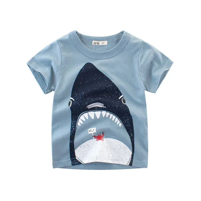 European American Children's 2024 Summer Short Sleeve T-Shirt with Shark Print