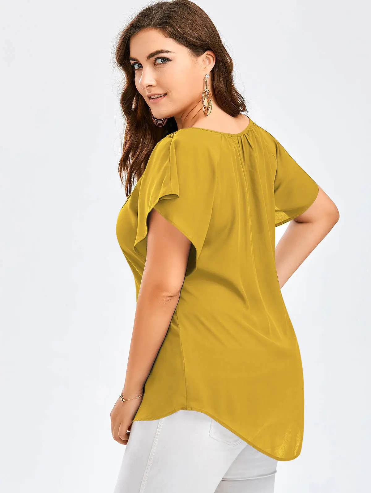 2018 Bell Sleeve T-Shirt Plus Size Yellow - Image 2
